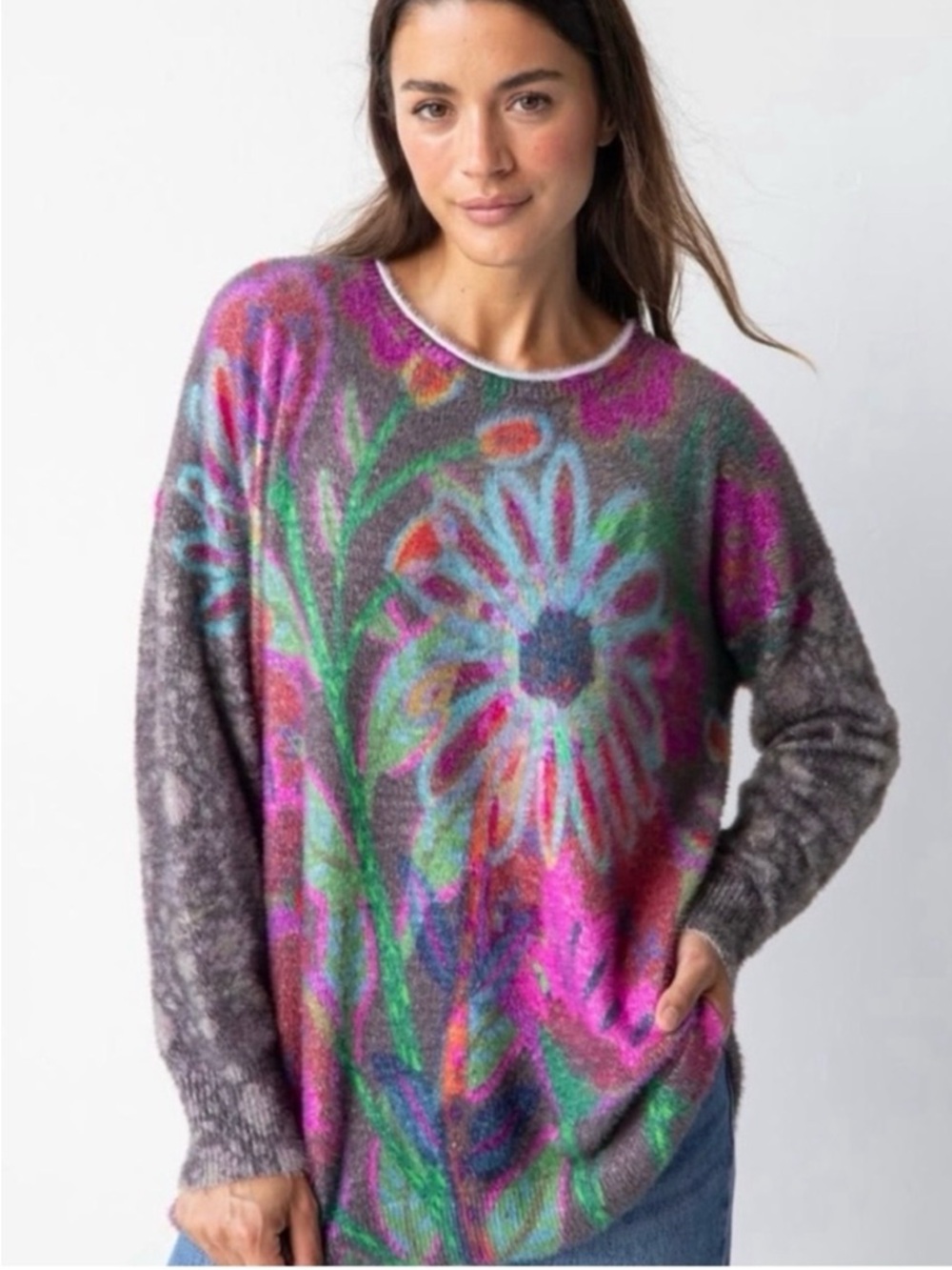 NATURAL LIFE Gray Floral Crewneck Sweater with Pink, Green & Blue Accents